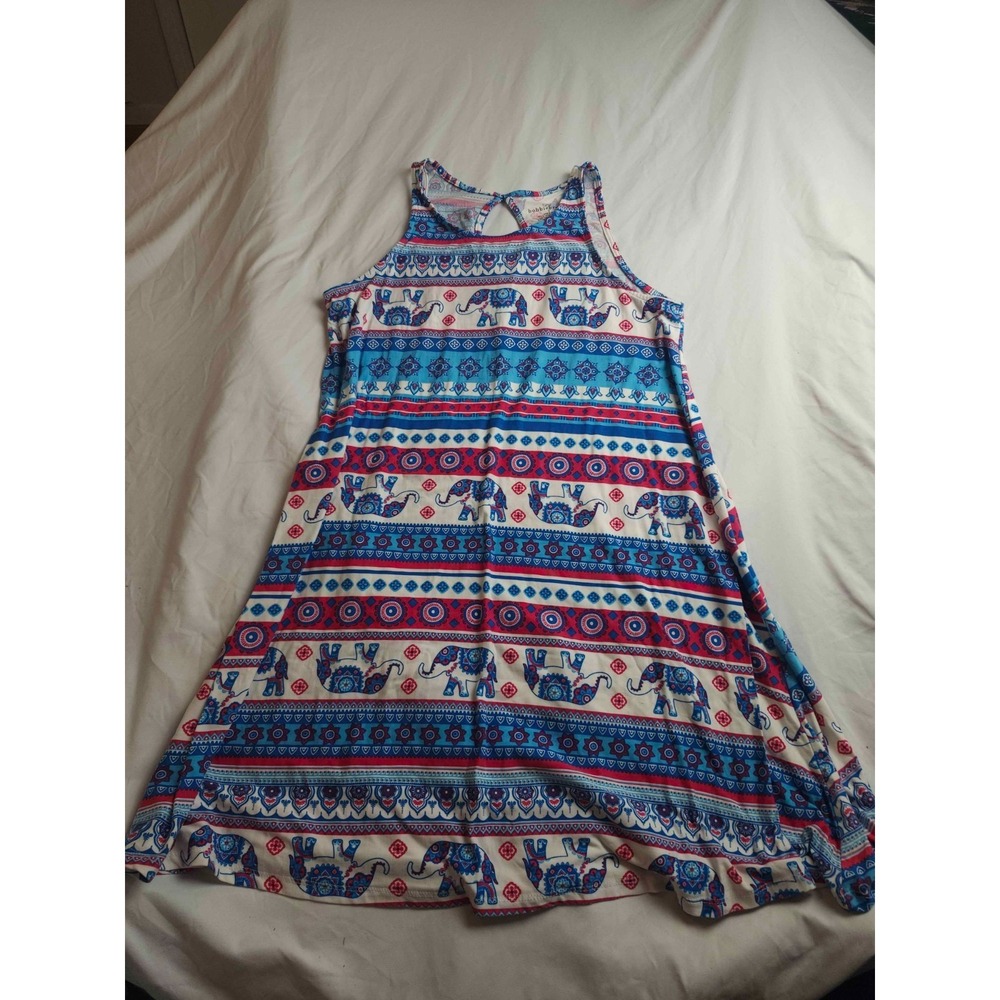 Bobbie Brooks Tank Dress Womens Large Blue Elephant Print Sleeveless Scoop Neck